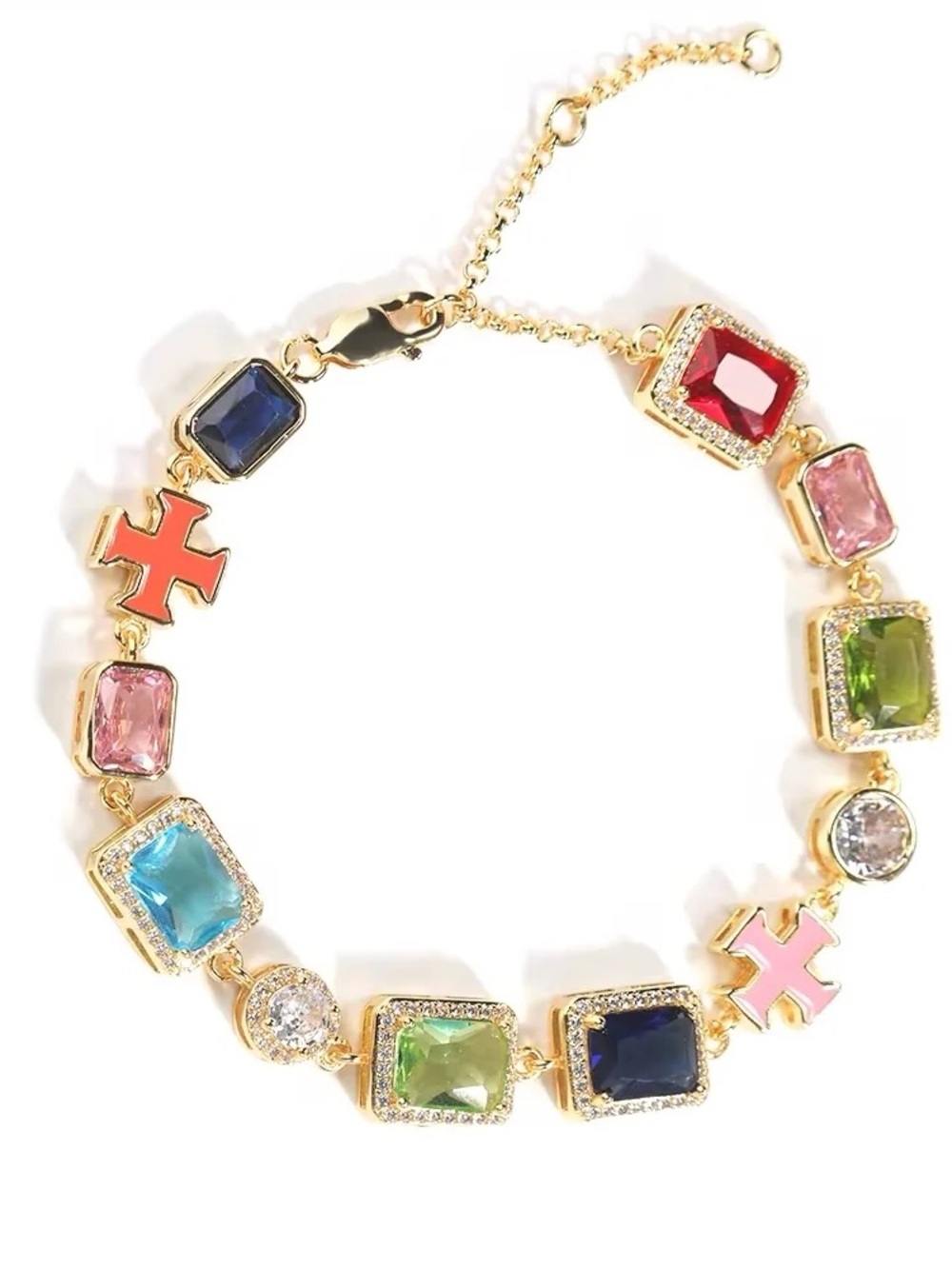 Gold-Tone Multistone Bracelet with Pink & Blue Accents 7inch